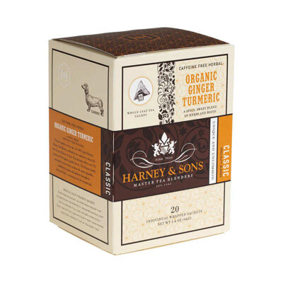 Organic Ginger Turmeric  20ks  samostatne balených čajov v hodvábnych pyramídových sáčkoch /  Zázvorový čaj s kúskami jabĺk a curcumou /